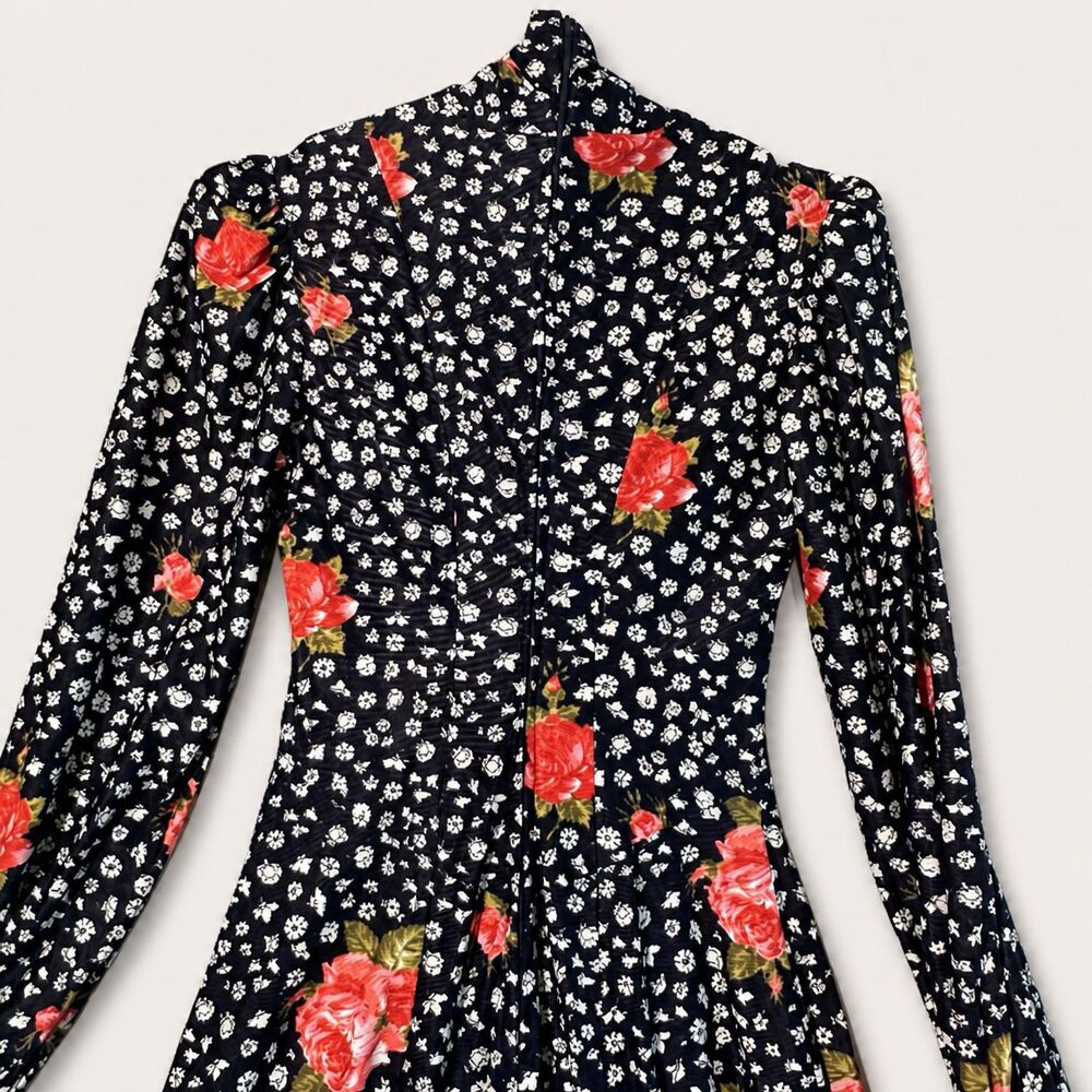 Vintage Handmade Navy Floral Dress Long Sleeve High Neck Cottagecore Midi Maxi - Picture 3 of 10